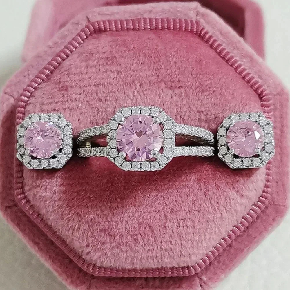 Pink Sapphire Round Brilliant Cut Halo Diamond Ring & Earring Set